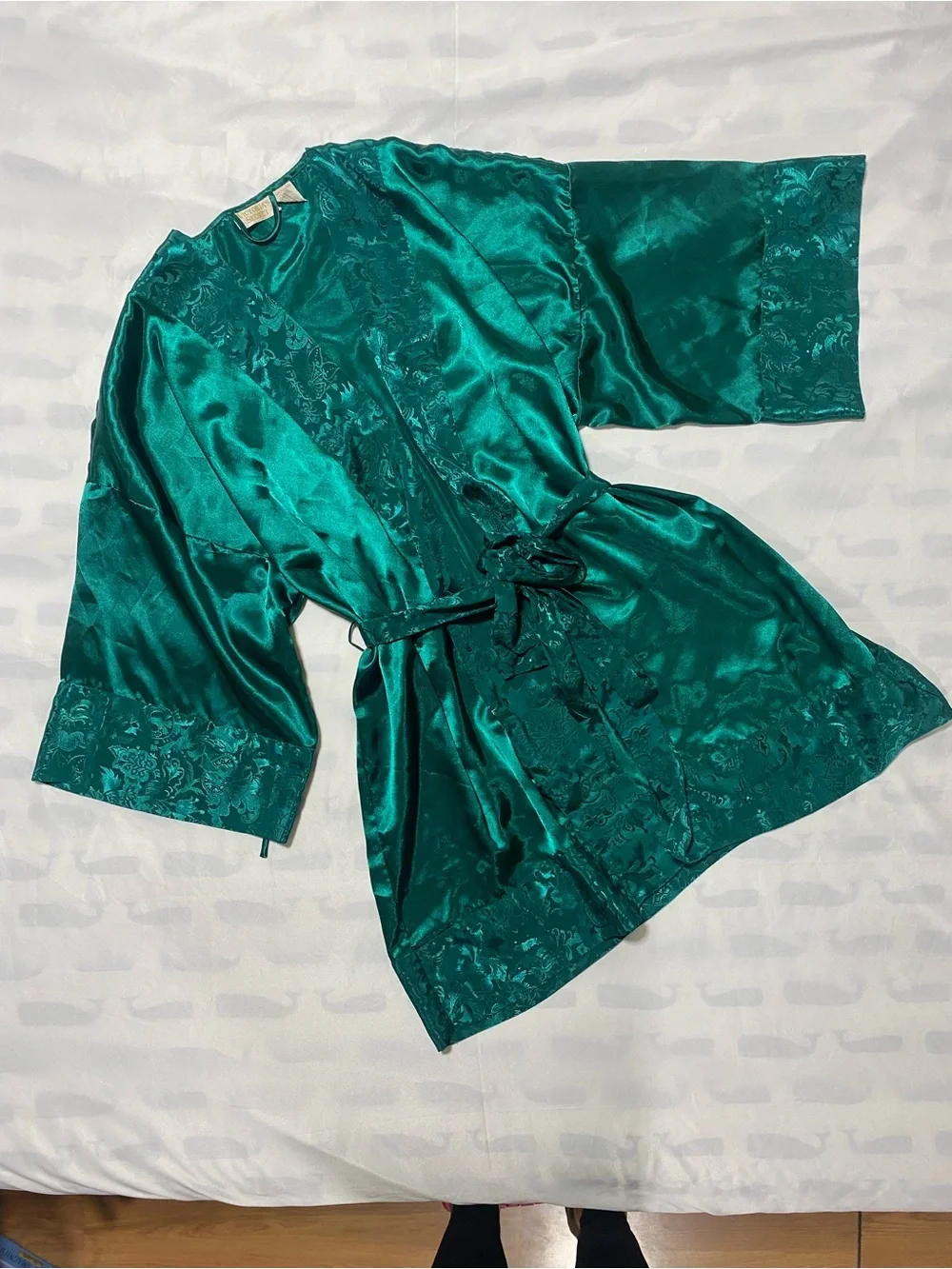 90’s Victoria's Secret gold label  Emerald Satin Kimono Robe with Jacquard Trim
